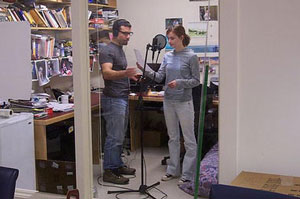 Duncan Watt and Katelyn Olmstead working on voiceovers